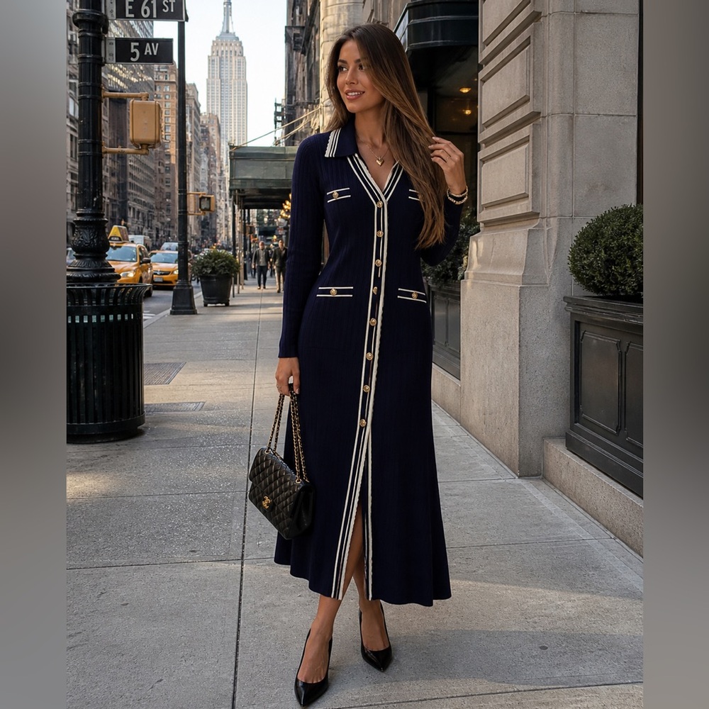 SANDRO Navy Button-Front Midi Dress with Contrast Collar